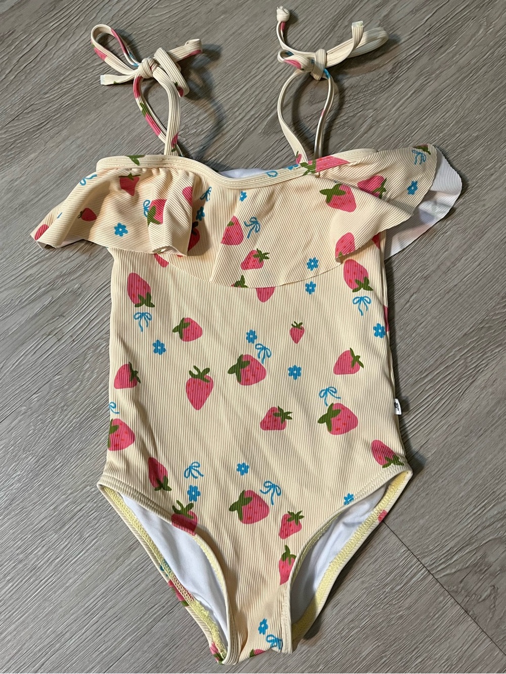 Girls Yellow Strawberry Print One-Piece Swimsuit with Ruffle